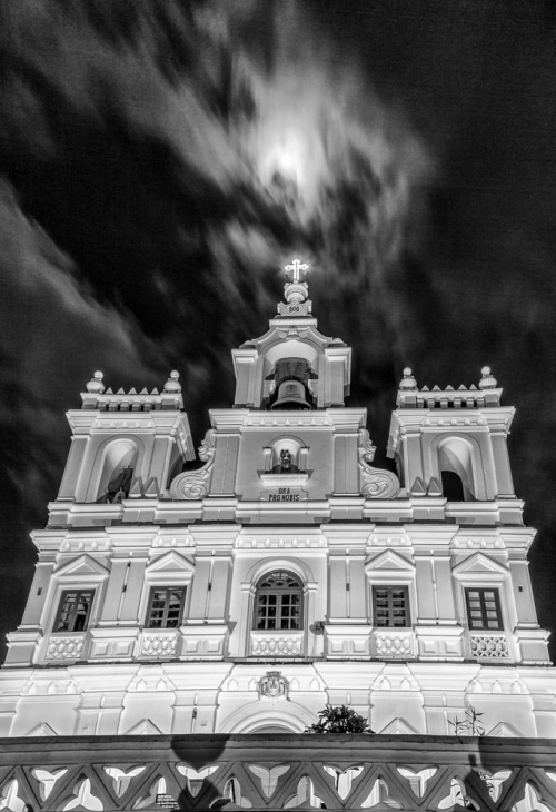 Moon Over Panjim Church in Monochrome