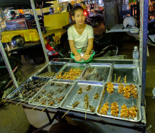 Young lady selling Insects, spiders and snakes