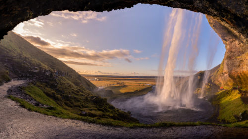 Seljalandsfoss panorama from the cave behind the waterfall