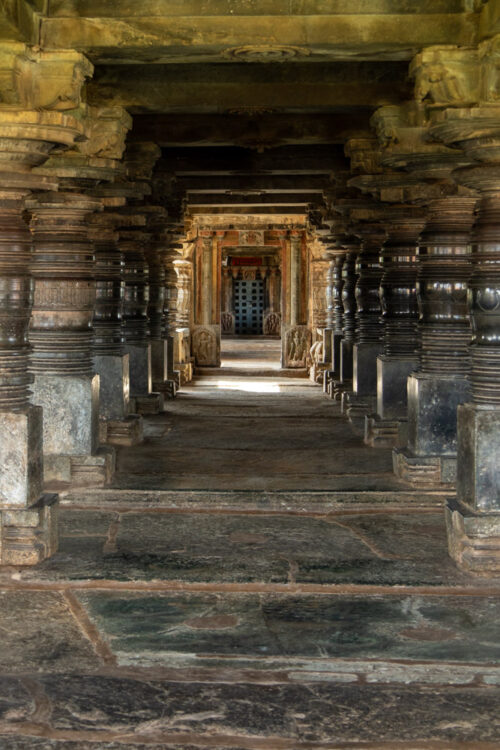 Shiny pillars at the entrance of Belavadi temple